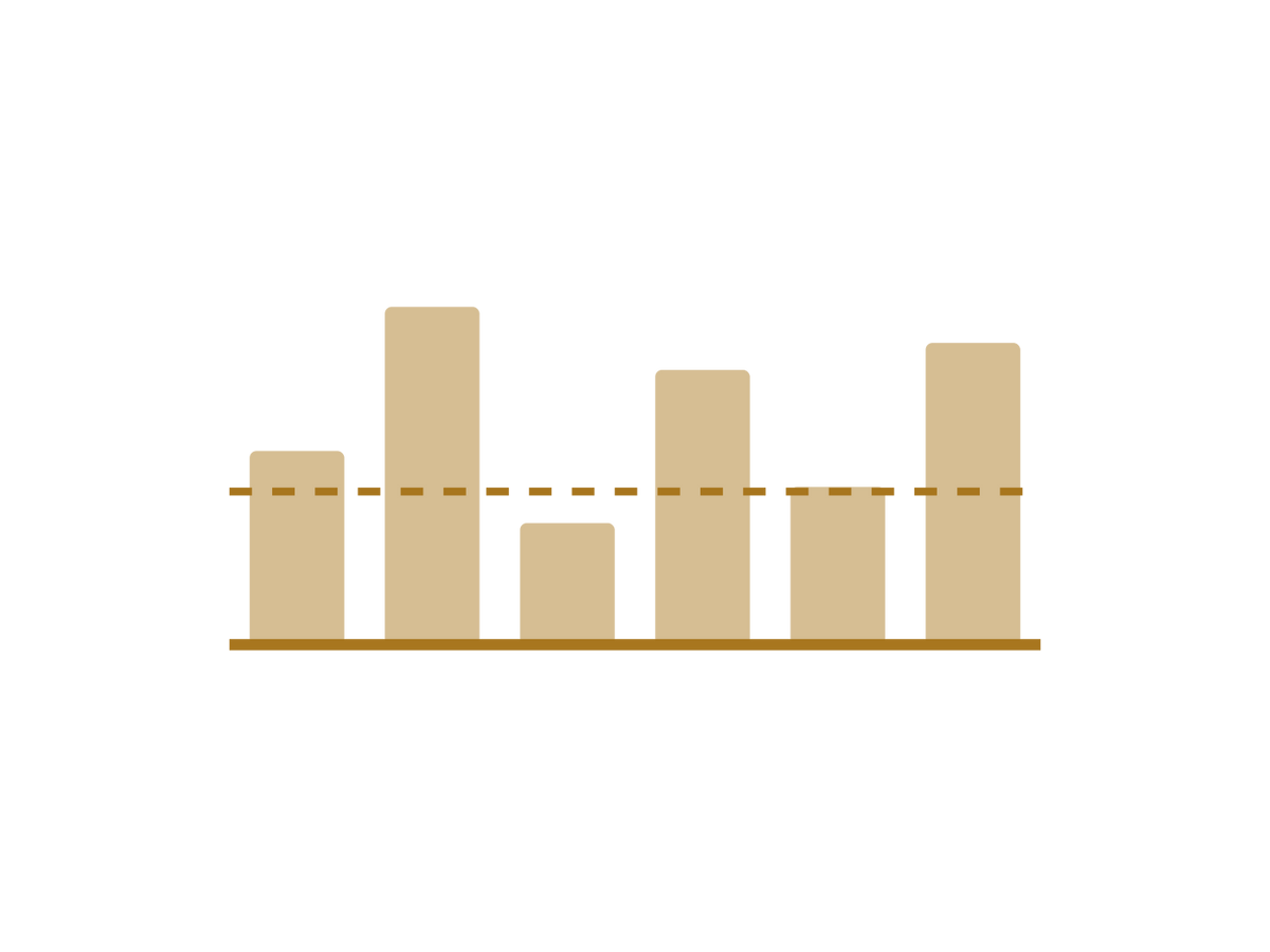 Uneven income bars over a steady floor line — the Money & Work handbooks