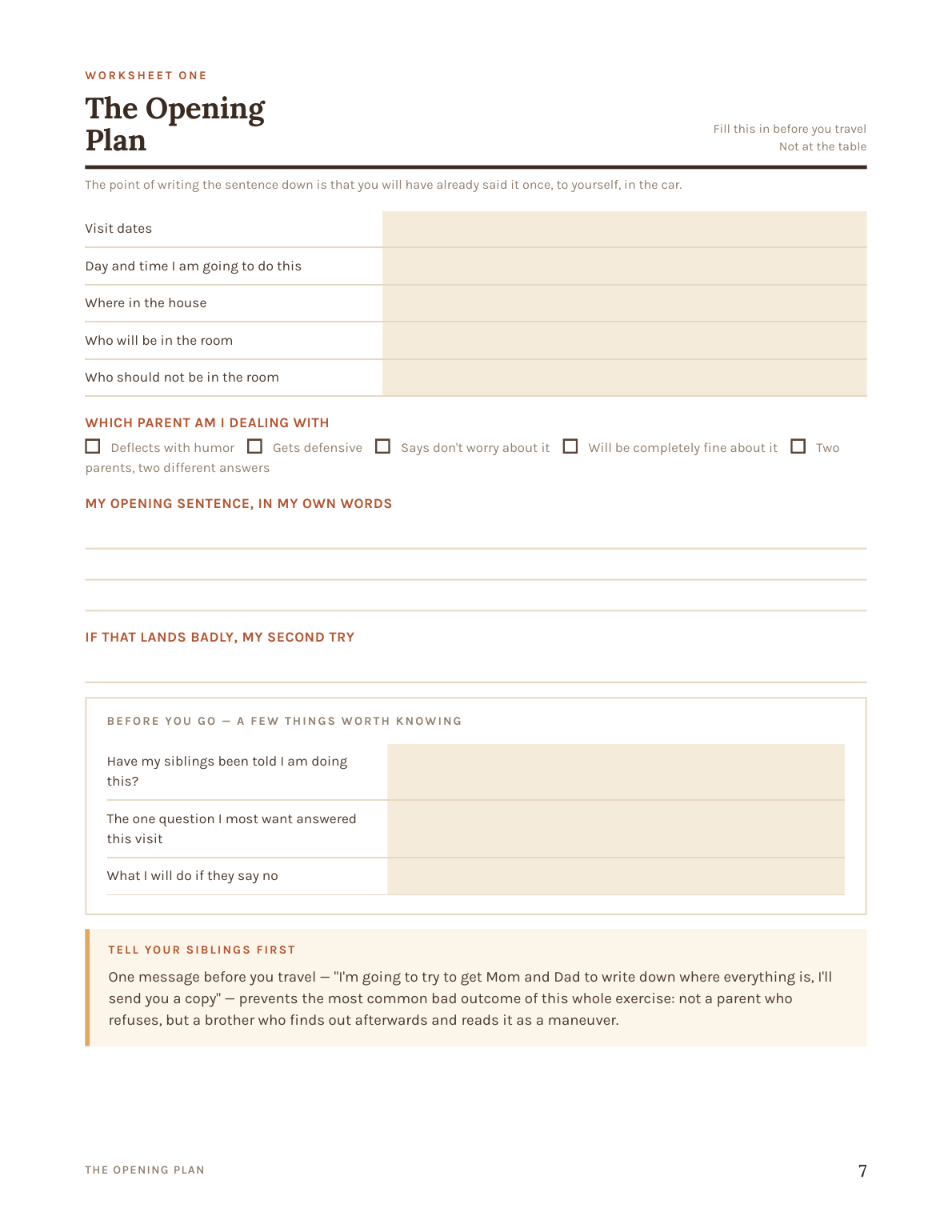Worksheet 1 — the Opening Plan, including the sentence you will actually say