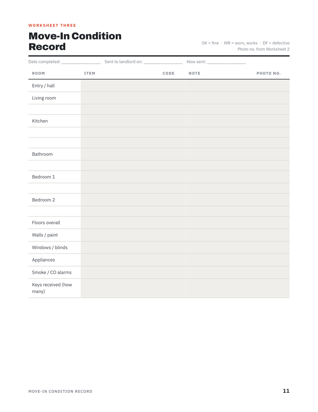 Worksheet 3 — the Move-In Condition Record, room by room