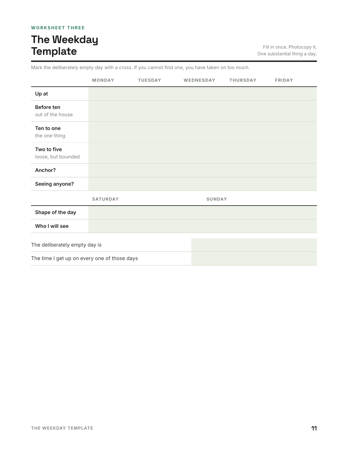 Worksheet 3 — the Weekday Template, including the day you keep deliberately empty